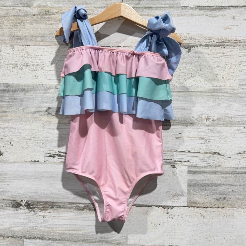 Eliza James Kids Swimsuit Girls 6 Pink Ruffle Shoulder Tie Pastel Girly EUC